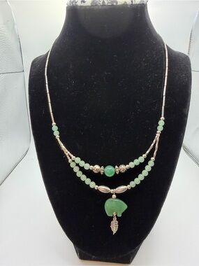 Green Beaded Double-Strand Necklace with Pendant